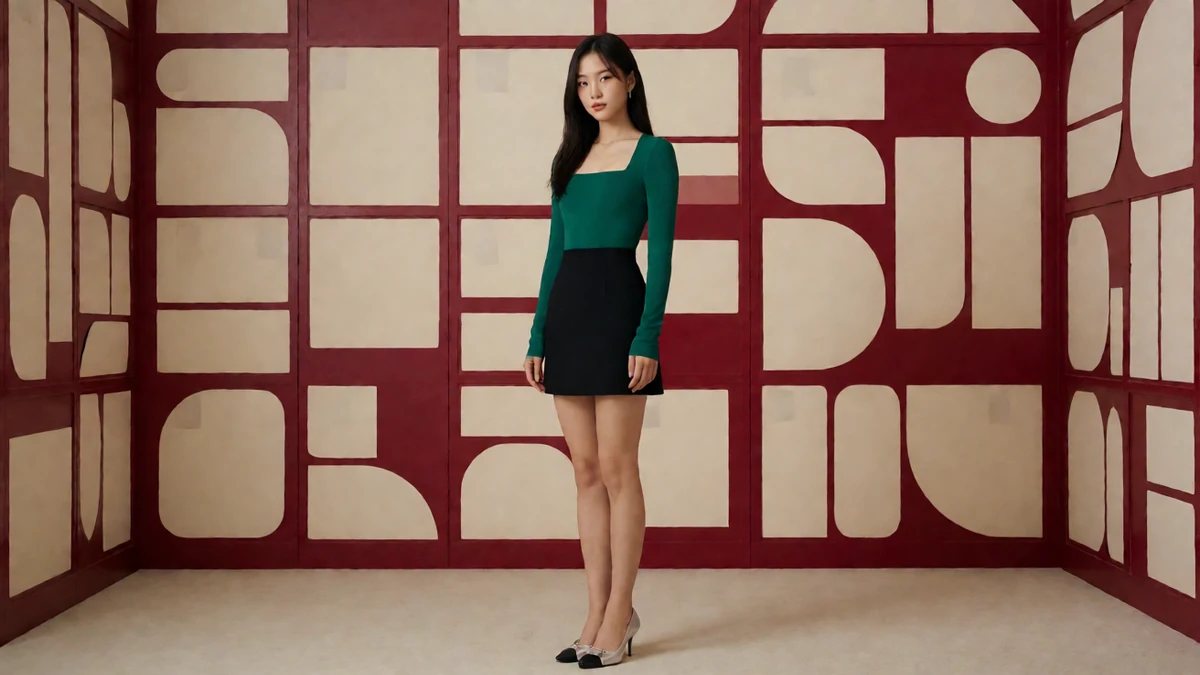 成年女性穿绿色上衣与黑色短裙，站在红白几何墙前