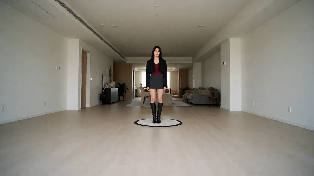 成年女性穿深色上衣与短裙，站在宽阔走廊深处